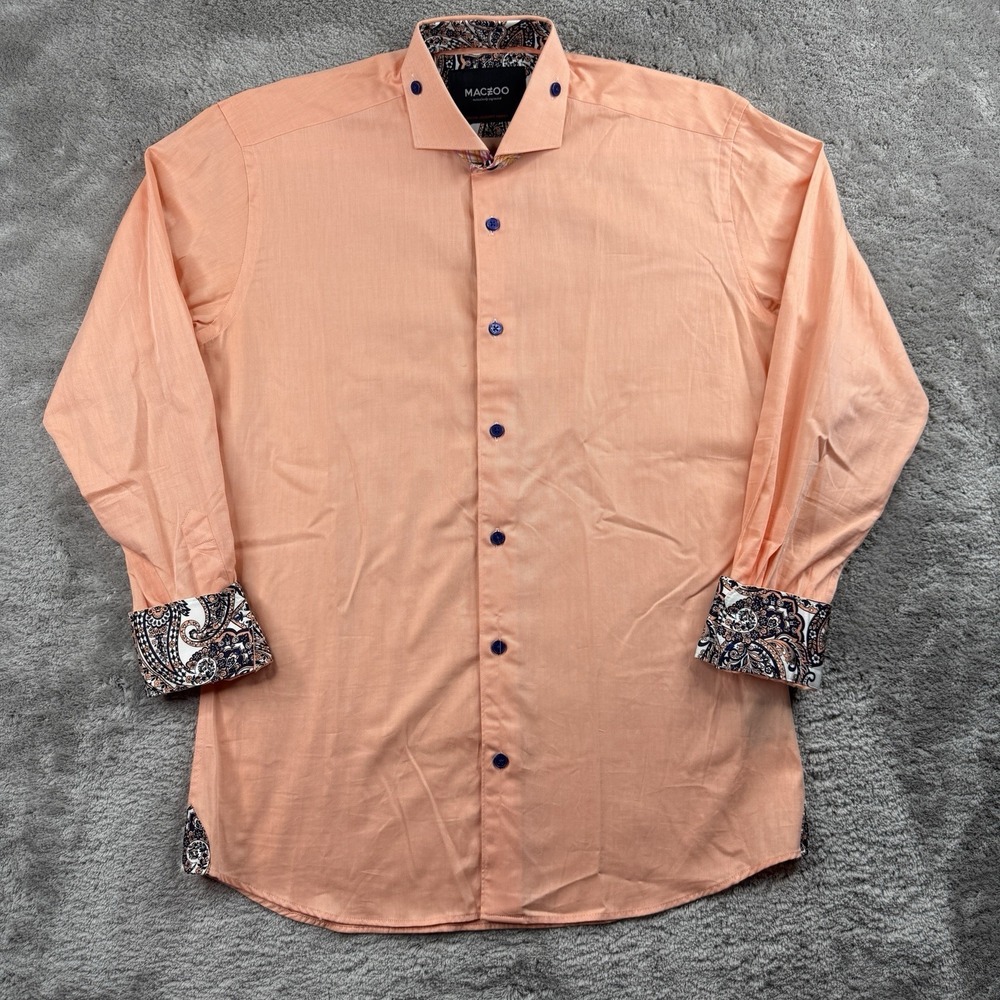 Maceoo Einstein Twill Orange Shirt Mens Small Peach Paisley Flip Cuff Button